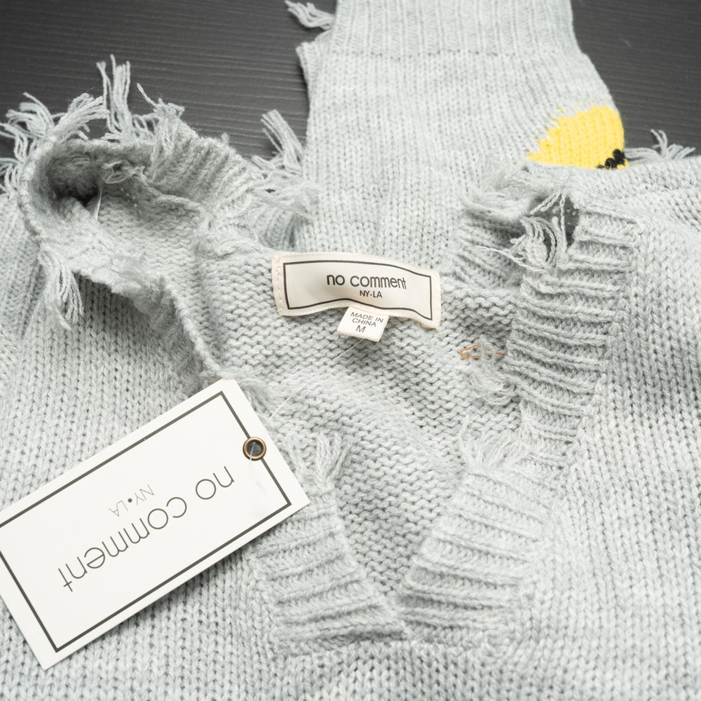 No Comment NY-LA Smiley Face Distressed Gray Knit Sweater - Picture 8 of 9